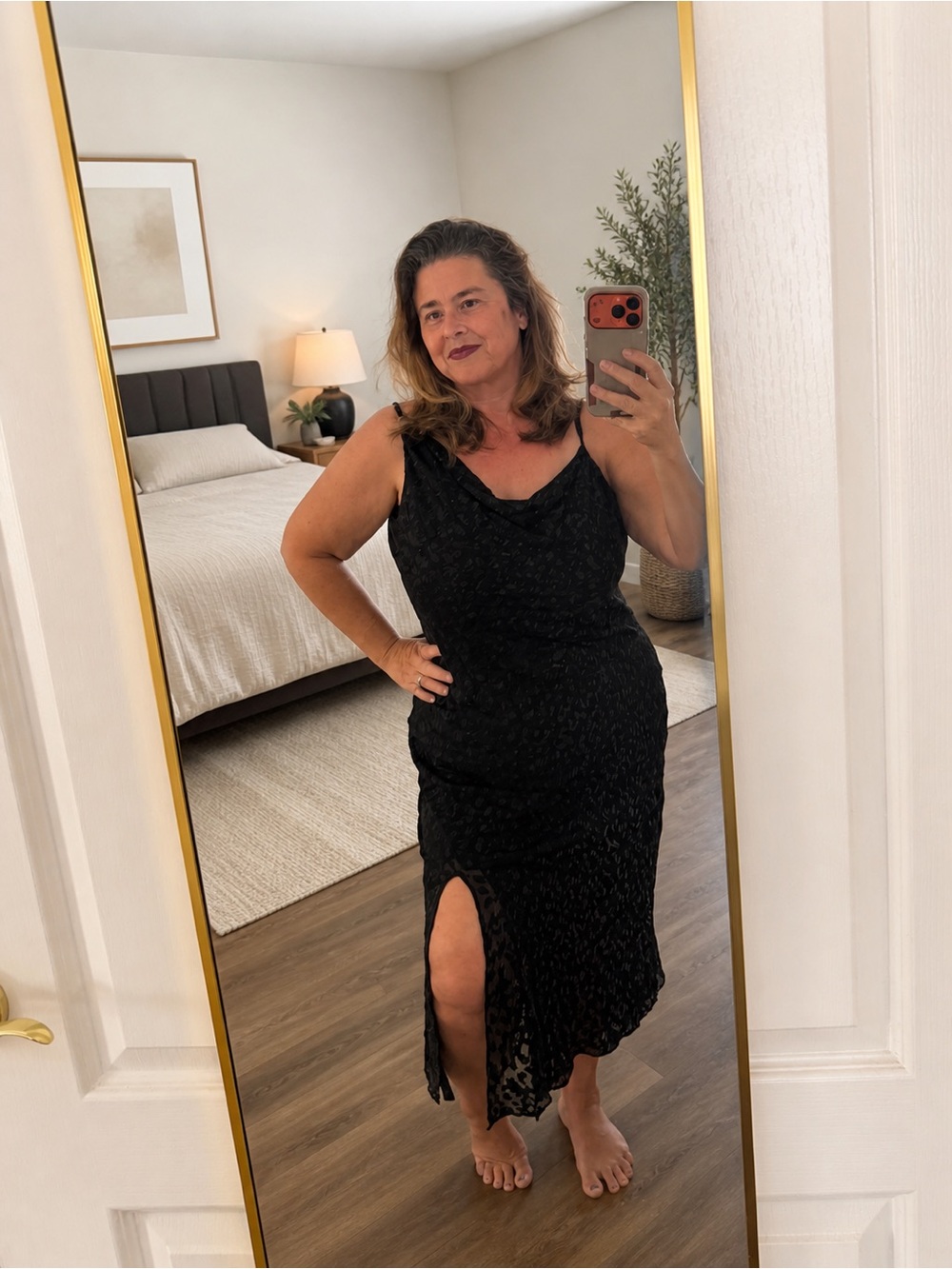 Good American Black Leopard Burnout Midi Dress Cowl Neck Slip Size XL